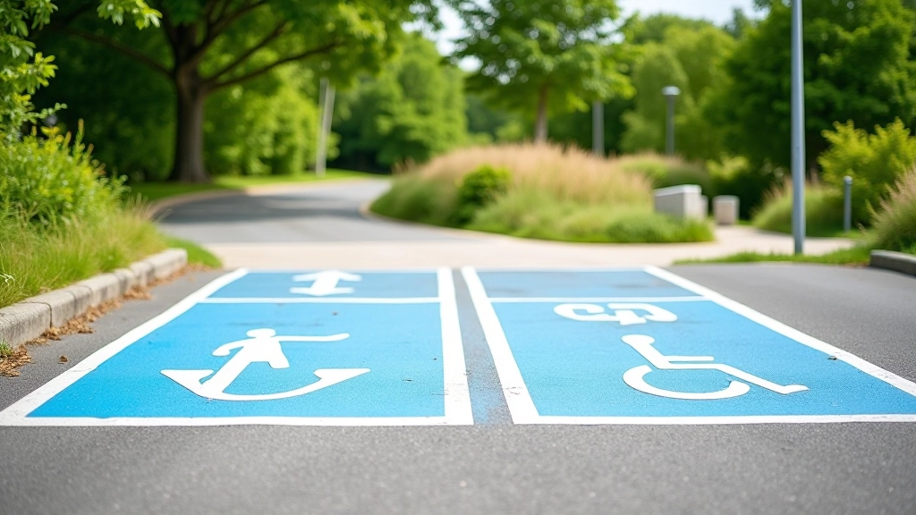 Wide accessible car park with clearly marked accessible parking spaces near nature trail entrance, sunny day, clear sight lines