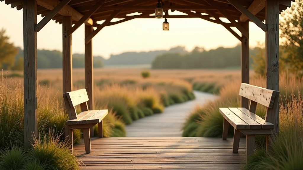Comfortable seating area with shade shelter overlooking Clara Bog wetland landscape, wooden bench under protective roof