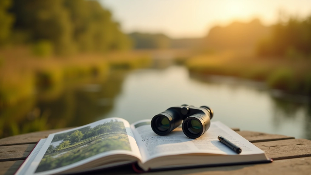Binoculars resting on a nature guide book with wetland landscape visible in the background