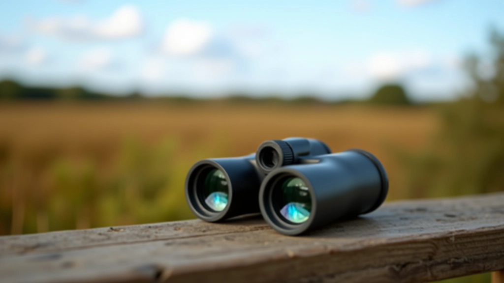 Binoculars resting on a wooden bench overlooking bogland with distant hills