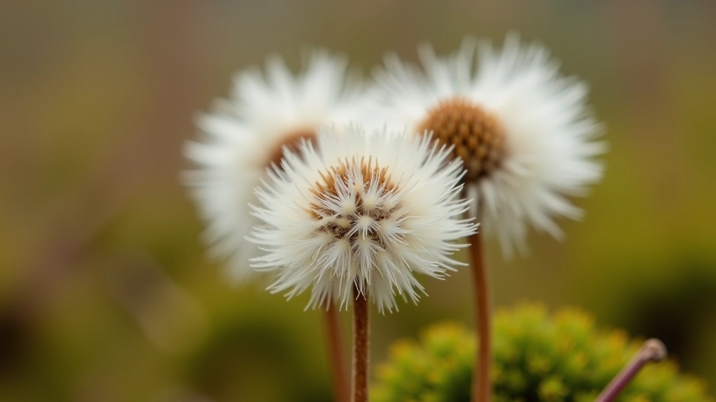Close-up of bog cotton white fluffy seed heads growing among heather and sphagnum moss