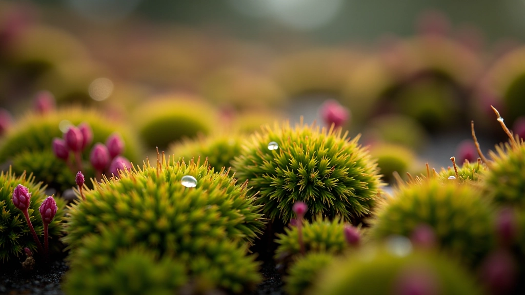 Close-up of bog plants and moss covering the wetland surface