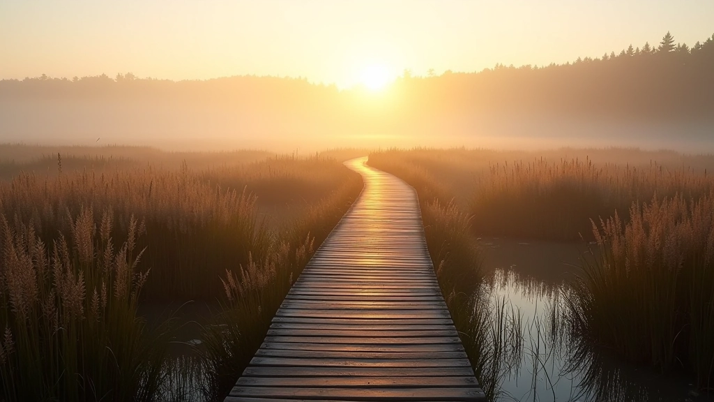 Wooden boardwalk stretching through wetland landscape at sunset