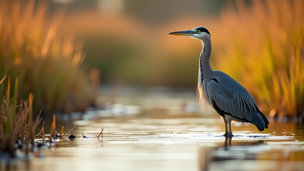 Heron standing still in shallow bog water at dawn, hunting for fish and small prey