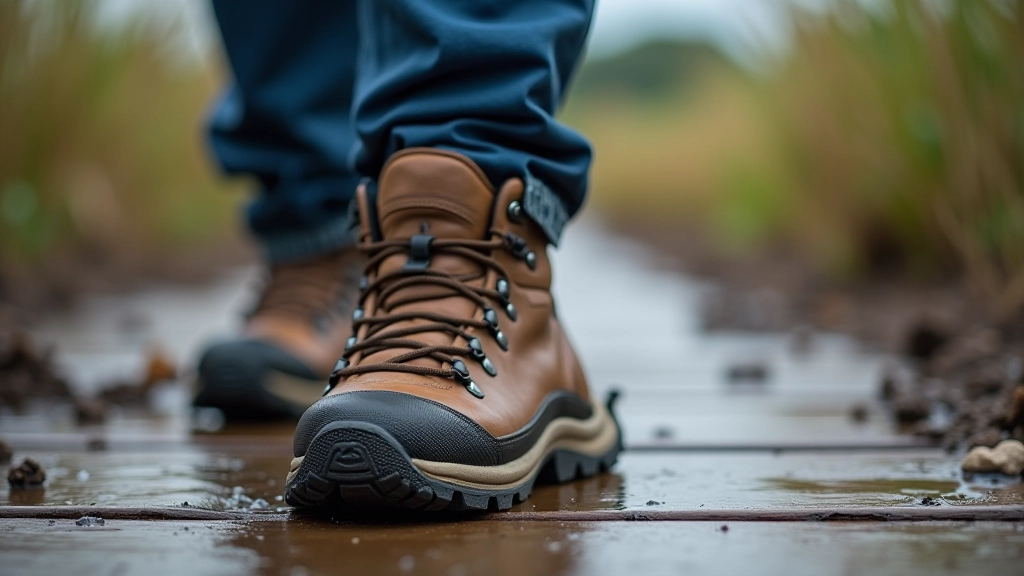 Close-up of hiking boot sole with deep tread pattern on wet wooden boardwalk, muddy background