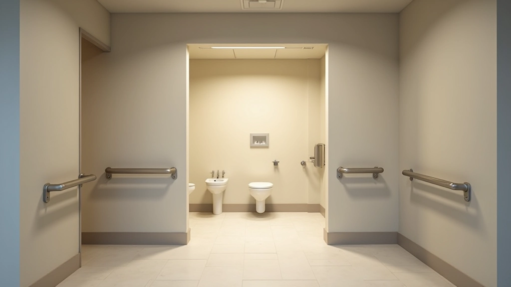 Modern accessible restroom facility with wide doorway and grab bars visible, clean bright interior, wheelchair accessible design