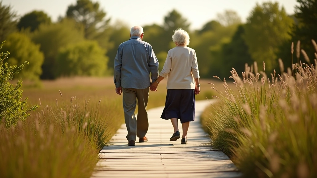 Two people walking together safely on a wooden boardwalk trail through natural wetland landscape