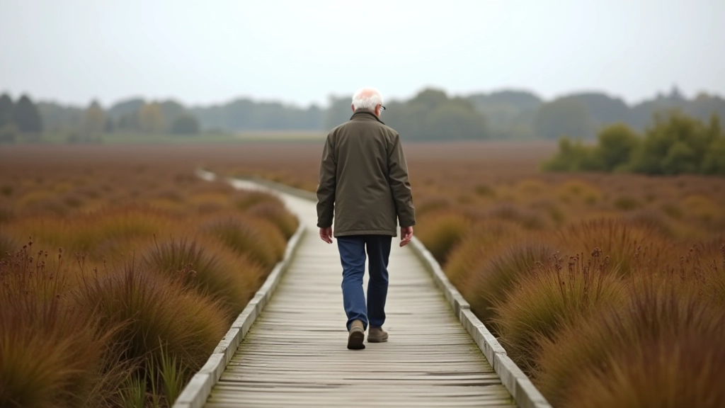 Person walking on wooden boardwalk with bogland vegetation and water on either side, overcast Irish weather