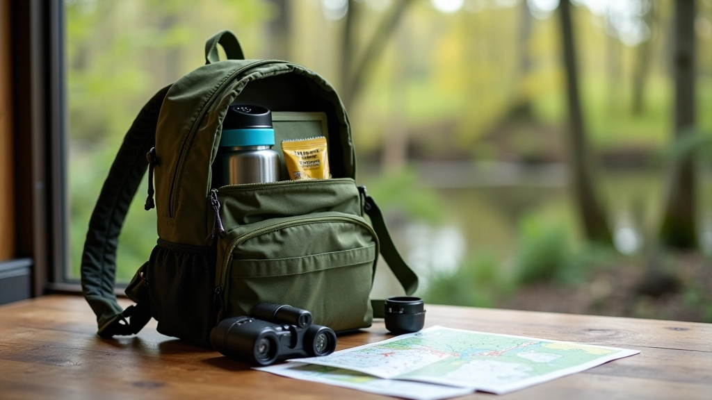 Backpack with water bottle, energy bars, and trail map packed inside on a wooden table
