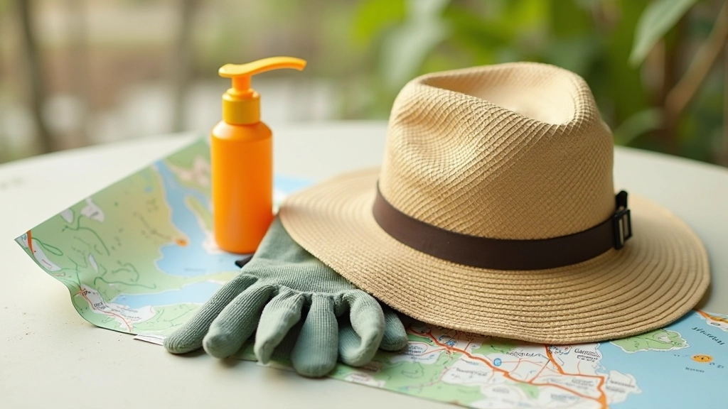 Wide-brimmed hat, waterproof gloves, and sunscreen bottle arranged on a light surface with trail map in background