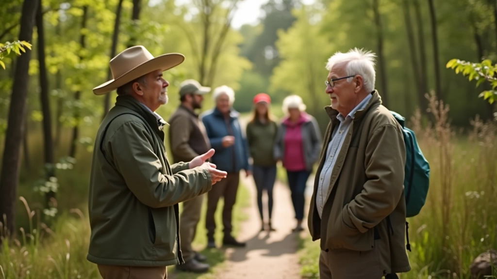Guide pointing and explaining features to a small group during nature walk