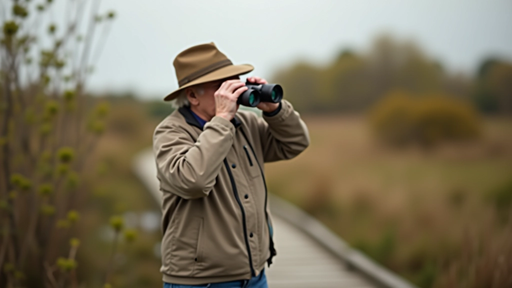 Person with binoculars and notebook observing wildlife from boardwalk, calm attentive posture