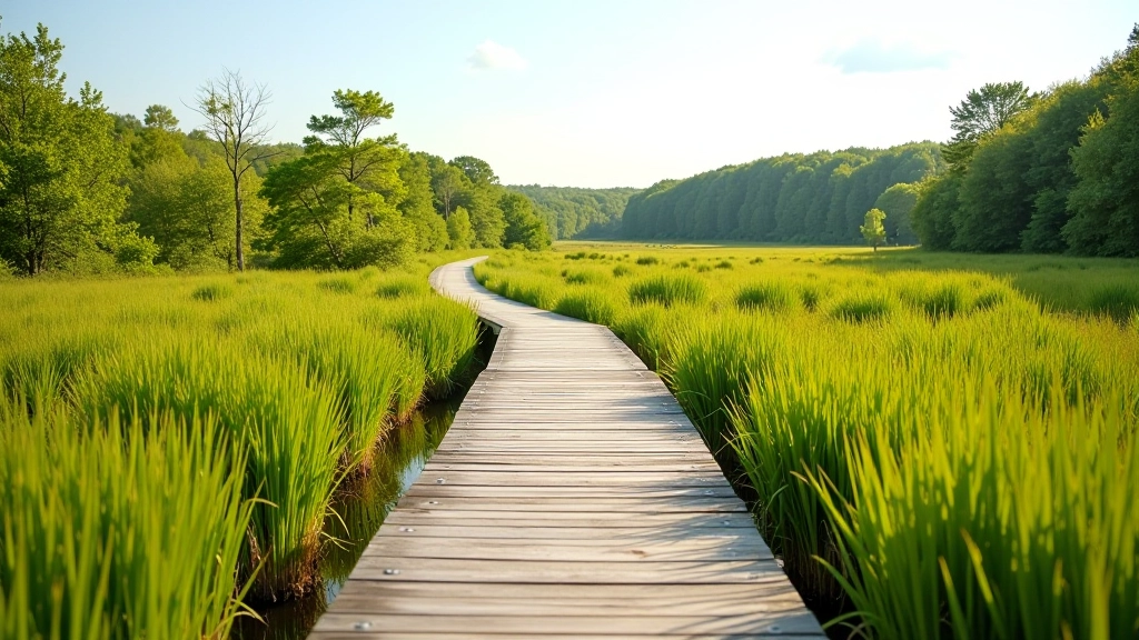 Elevated wooden boardwalk pathway winding through verdant bog landscape with natural vegetation