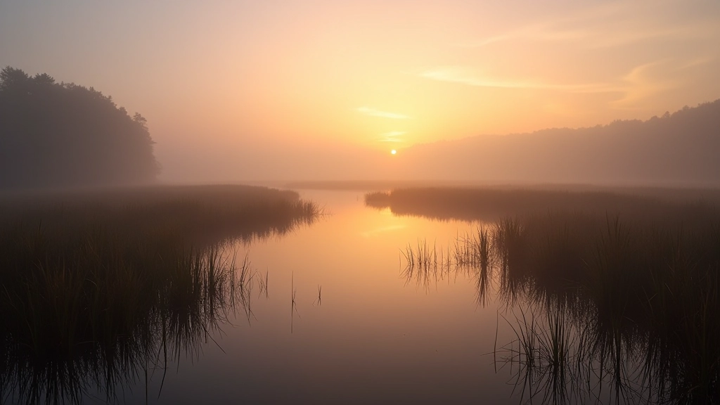 Wetland landscape at dusk with golden light reflecting on water