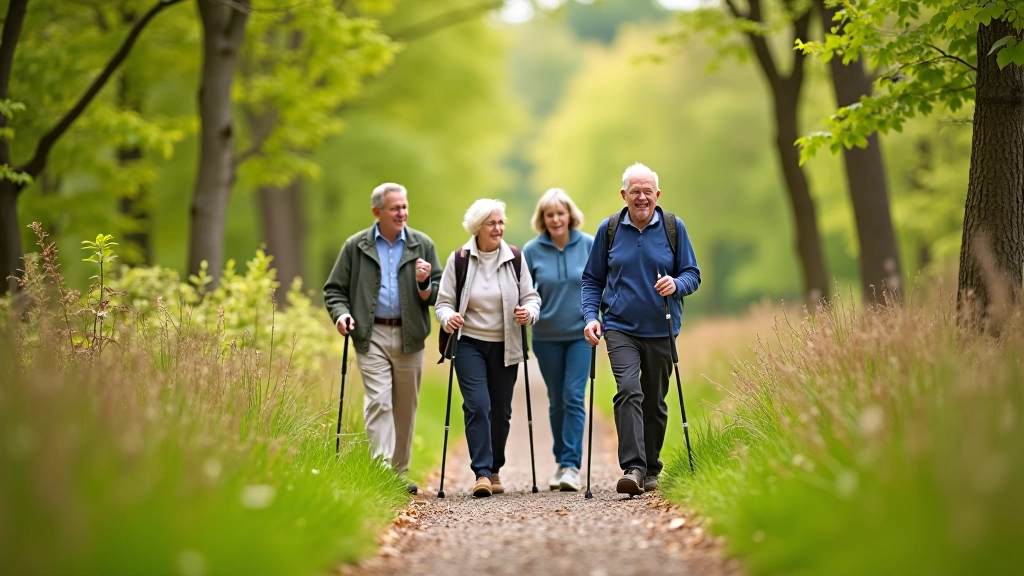 Group of older adults walking together on a nature trail with walking poles