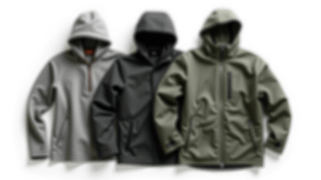 Three layers of clothing laid out: moisture-wicking base layer, fleece mid-layer, and waterproof outer shell jacket