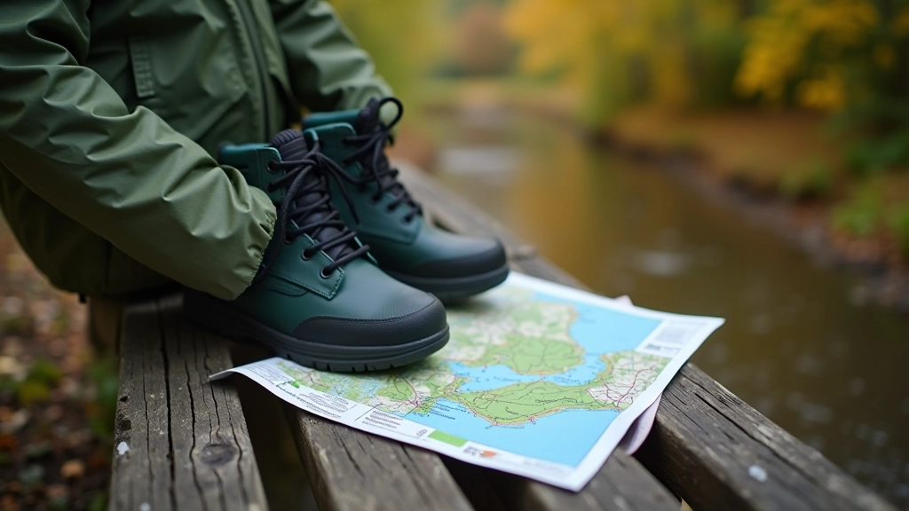 Comfortable walking shoes and rain jacket laid out on a bench with trail map beside them