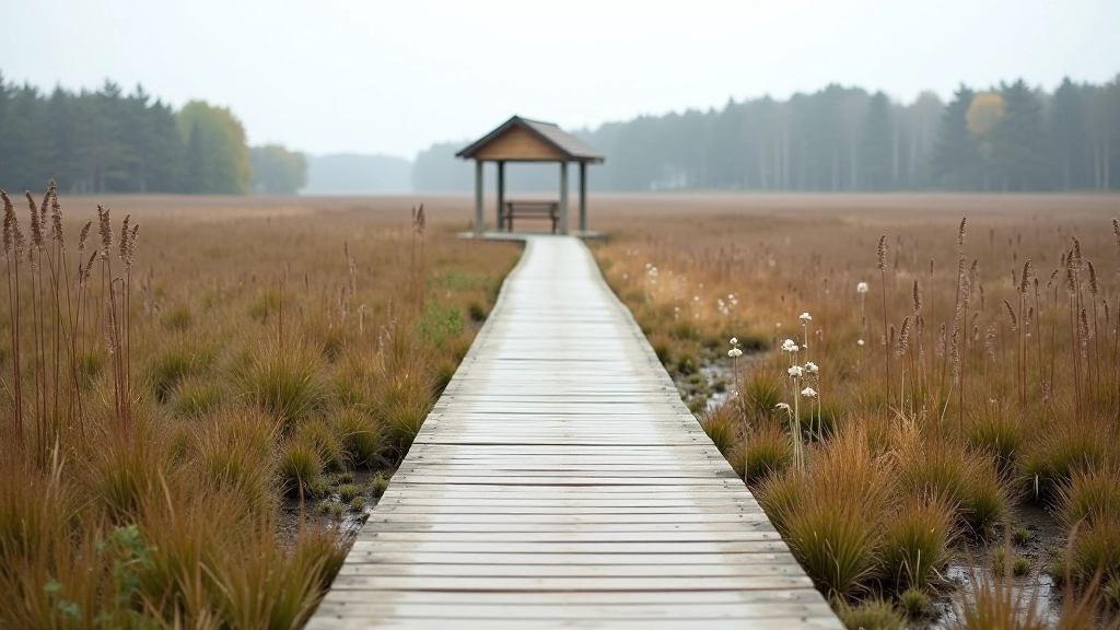 Wooden boardwalk path with scenic bog landscape, sheltered seating area visible in distance, peaceful natural setting