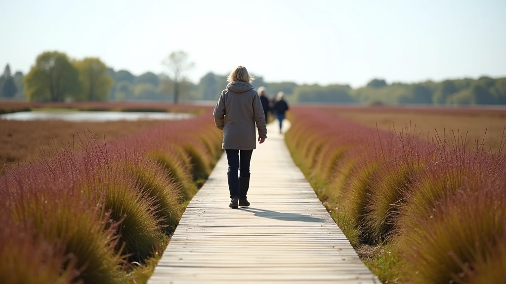 Wooden boardwalk pathway winding through bogland with native vegetation on both sides