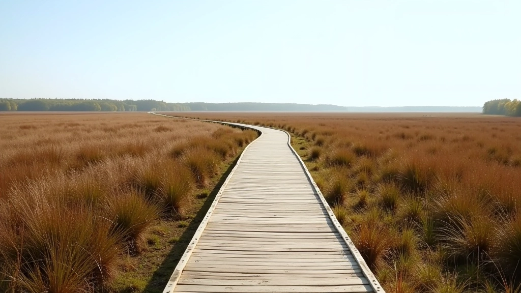 Serene boardwalk winding through native bogland vegetation with clear sky overhead